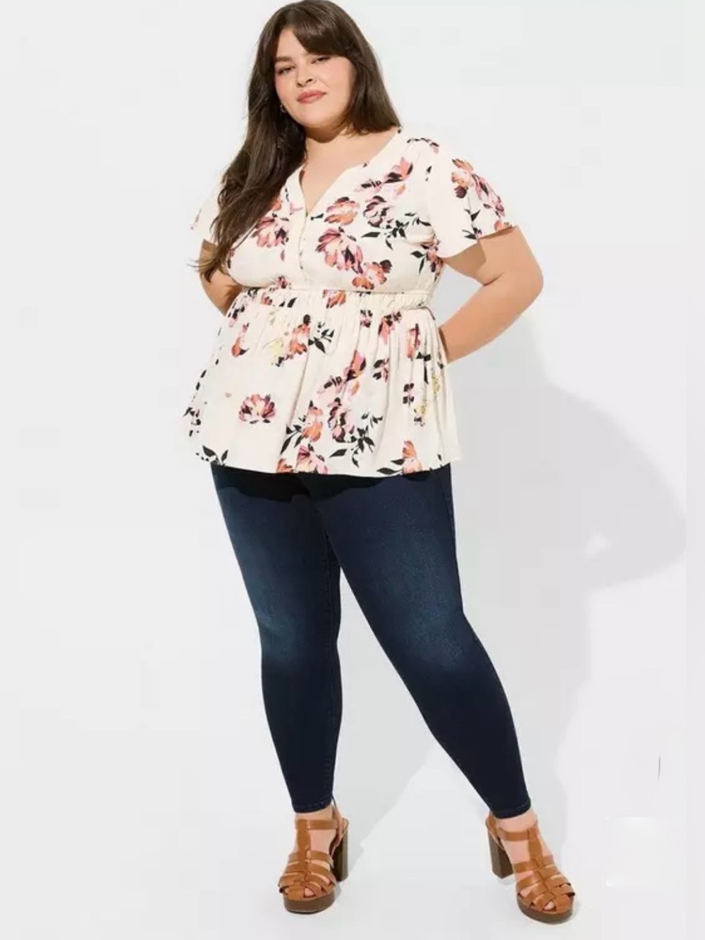 torrid Cream Floral Babydoll Flutter Sleeve Blouse w/ Pink & Peach Blooms sz 0X